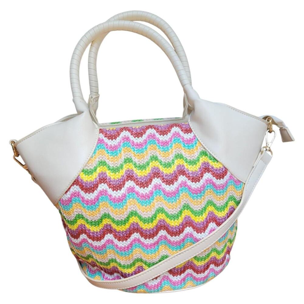Le Miel Rainbow Crochet Woven Tote Bag Colorful Chevron Shoulder Crossbody Purse